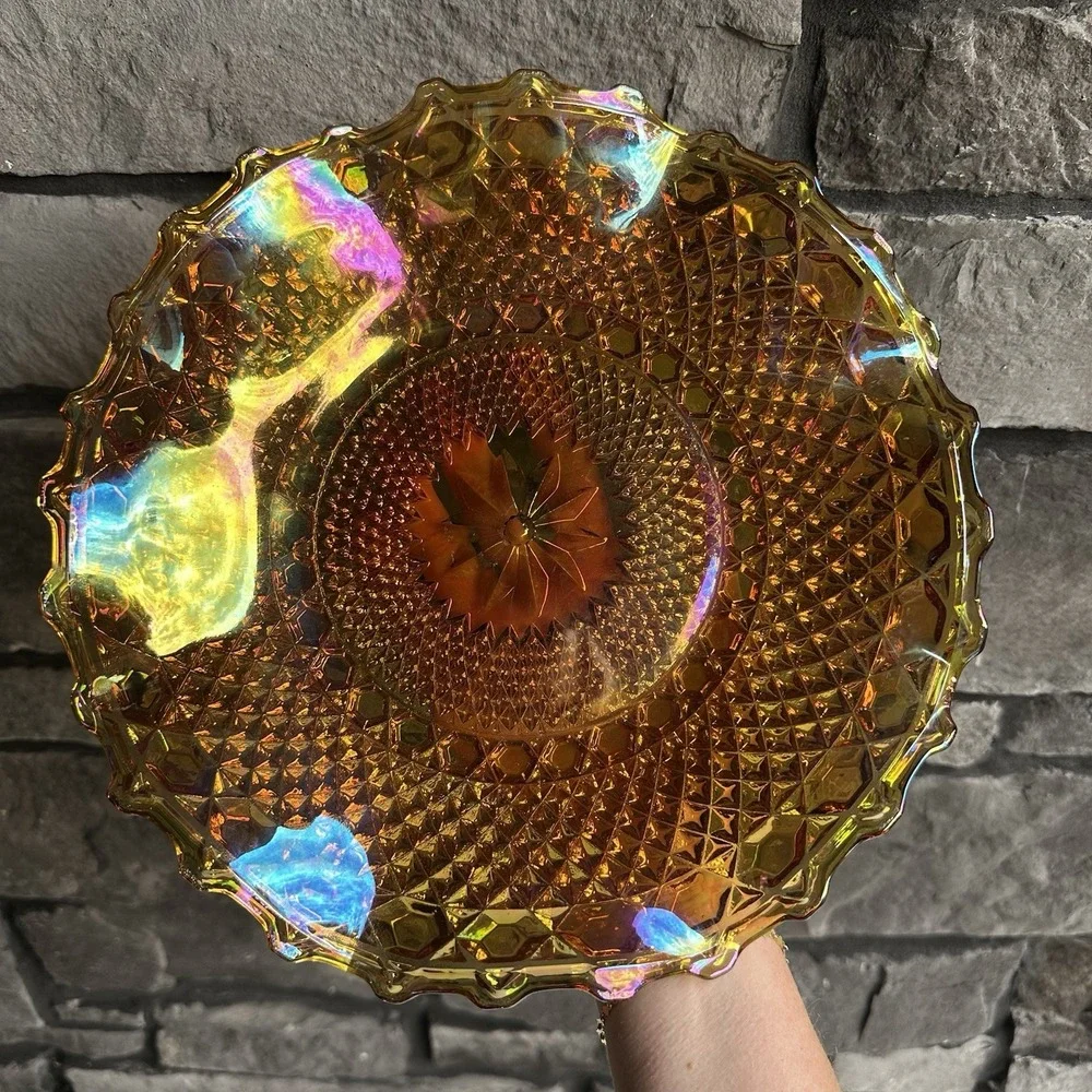 Vintage Indiana Glass Amber Carnival Plate Iridescent Diamond Point Starburst